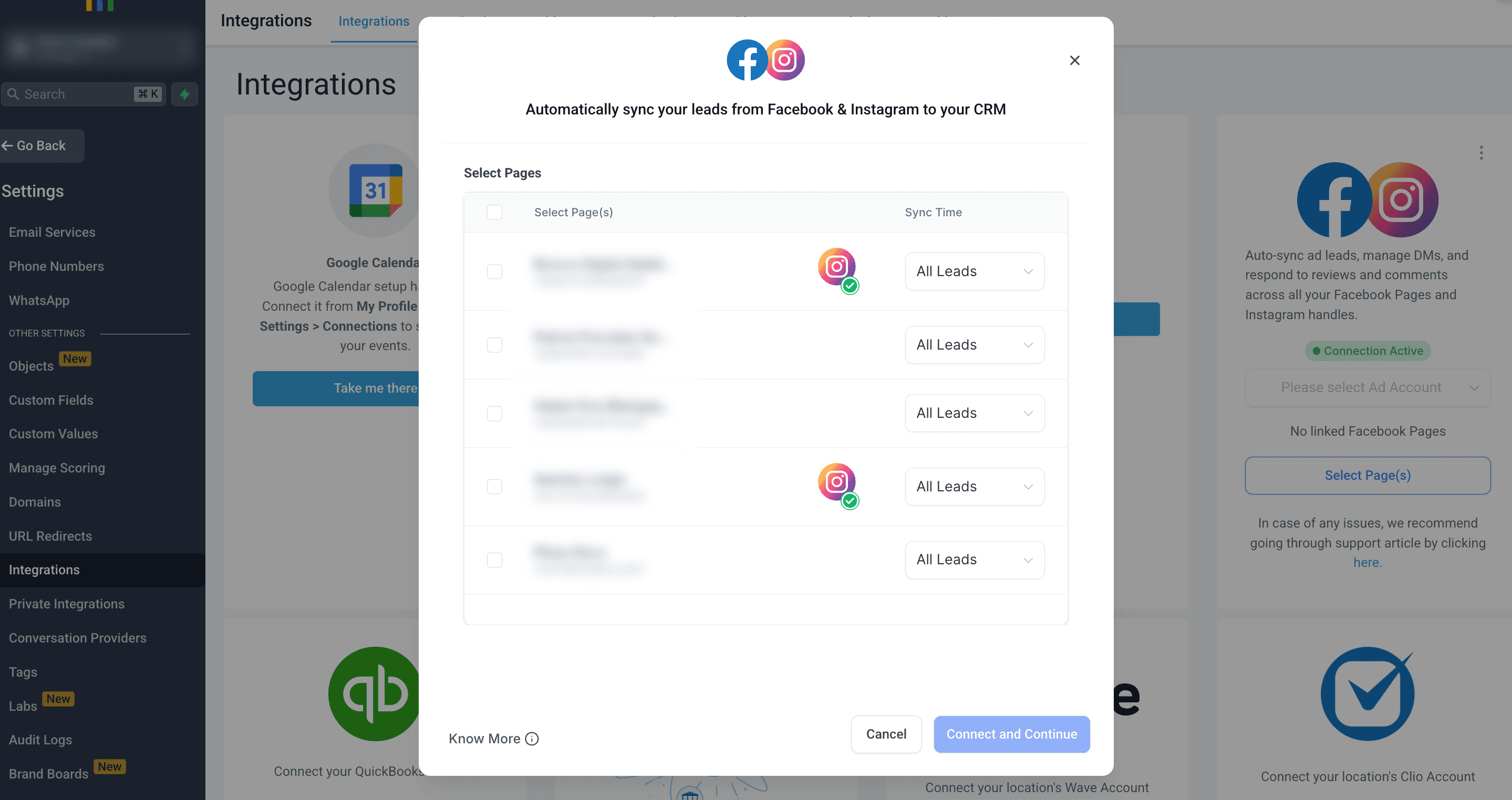 Select page and sync options