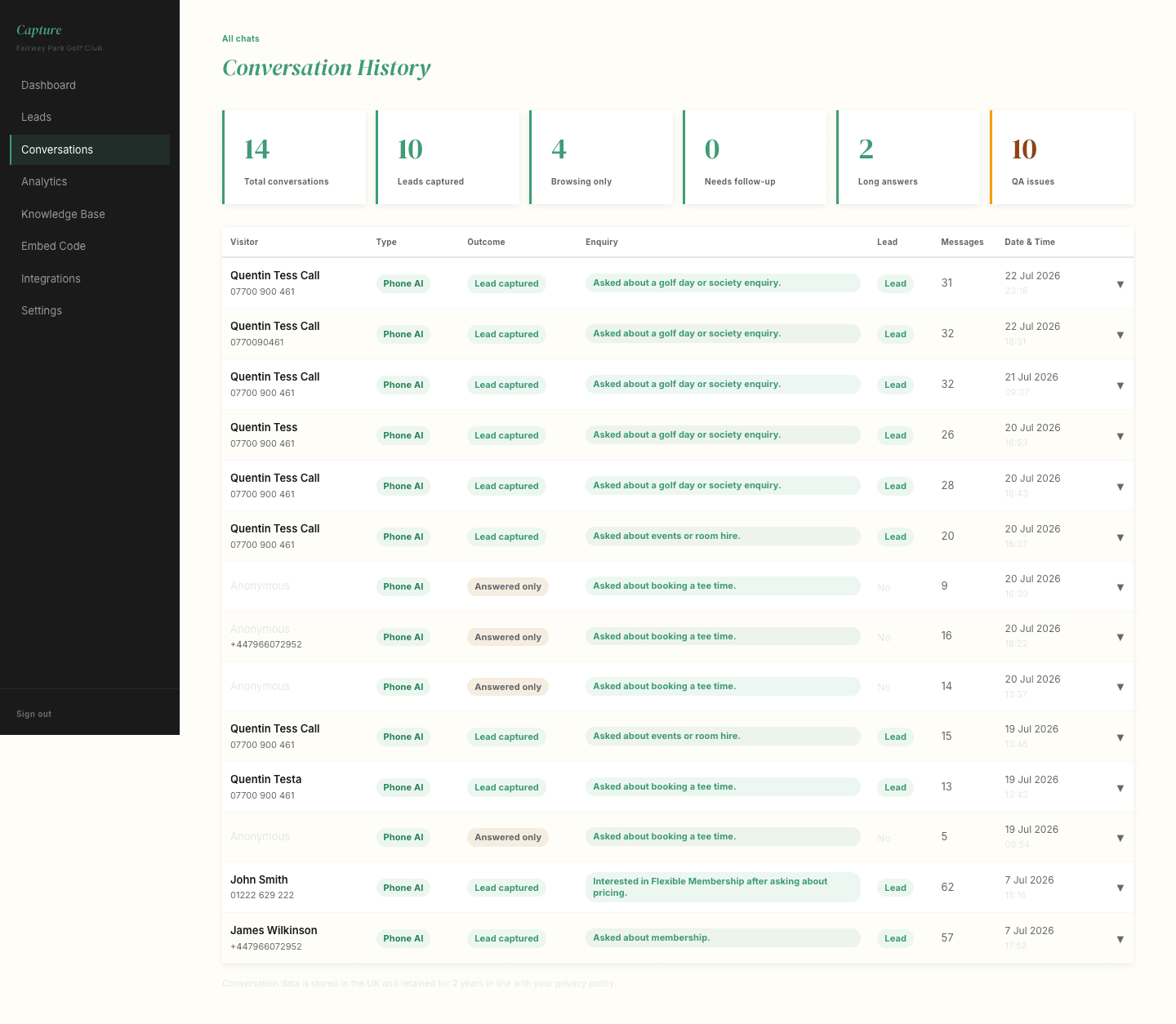 The conversation history page, listing conversations by visitor, type, outcome and enquiry area