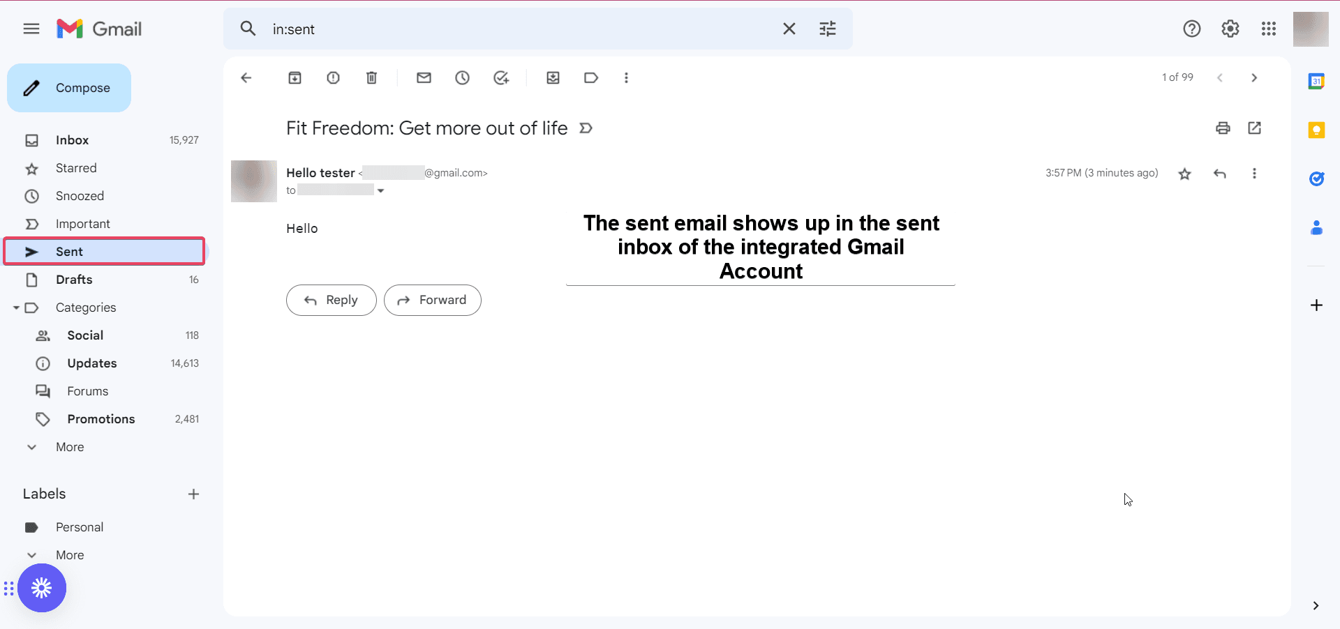 The sent email appears in your Gmail Sent folder