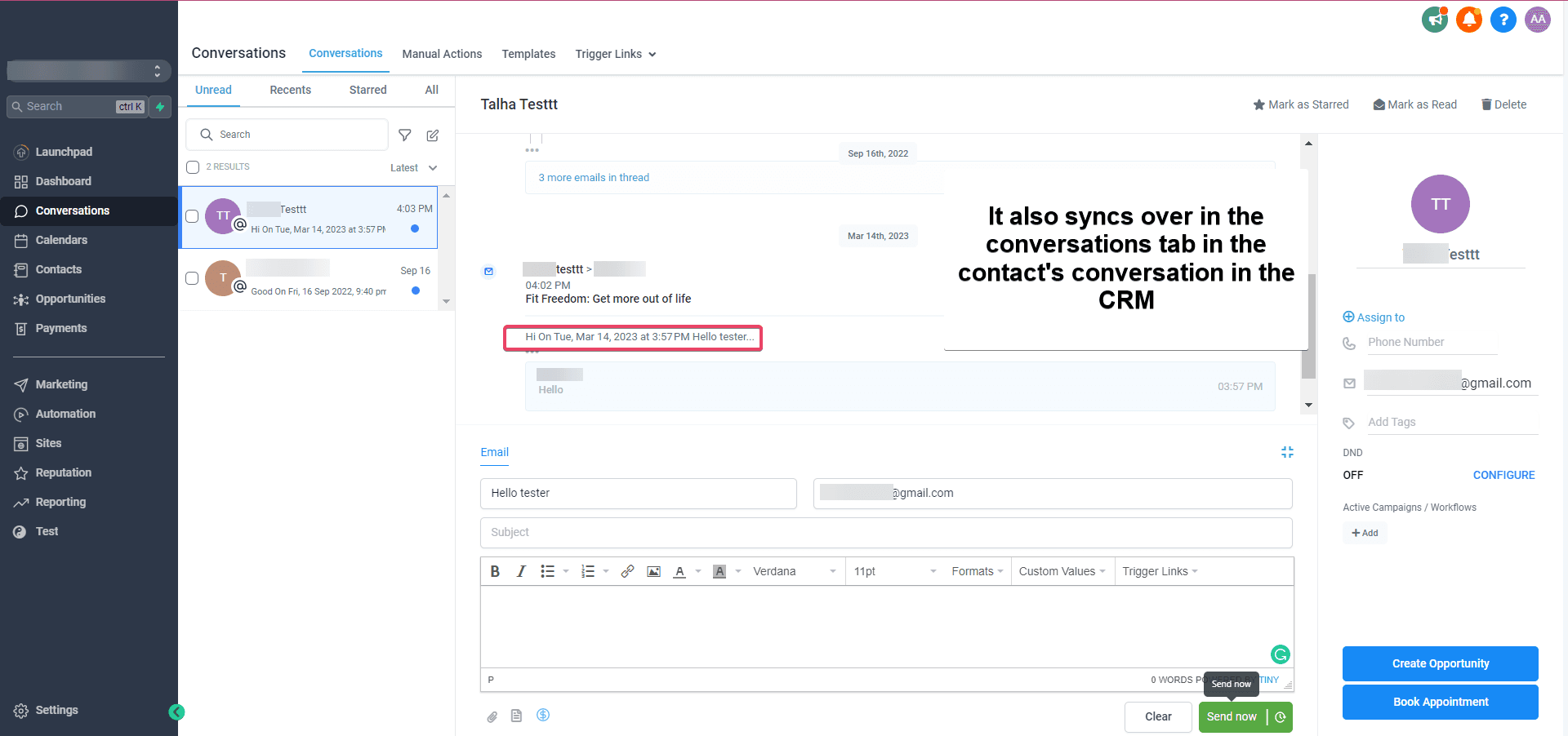 The reply appears in the contact's Conversations view in Capture