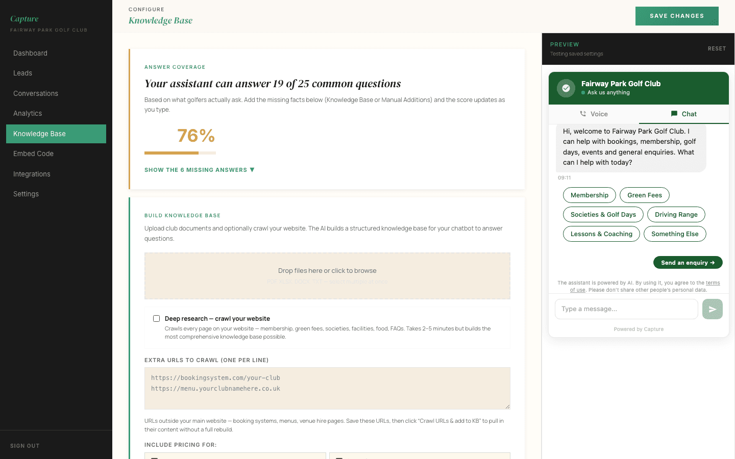 The Knowledge Base page, showing the answer coverage score and the knowledge base editor with a live preview of the chat widget