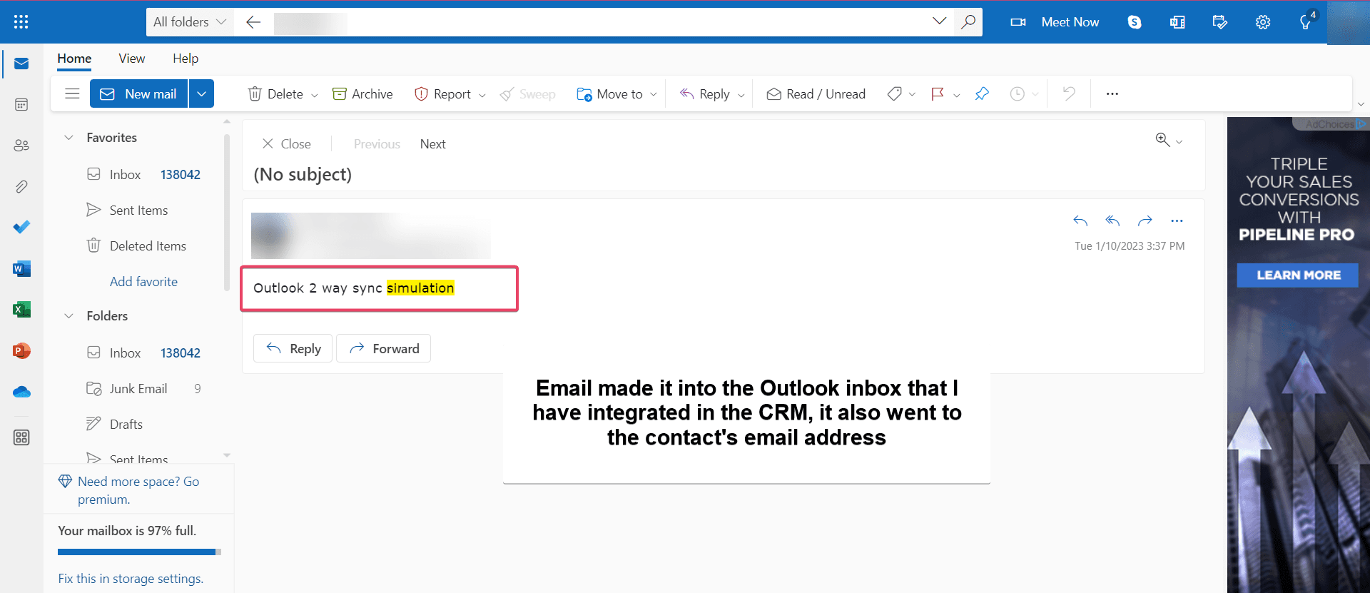 The email appears in your Outlook Sent folder