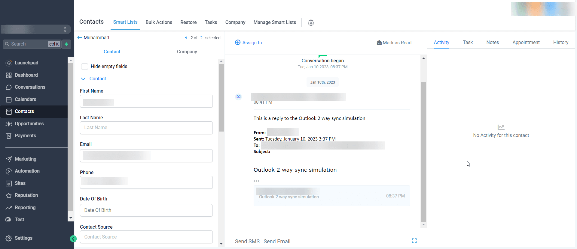 A reply from the contact syncs back into Capture's Conversations view