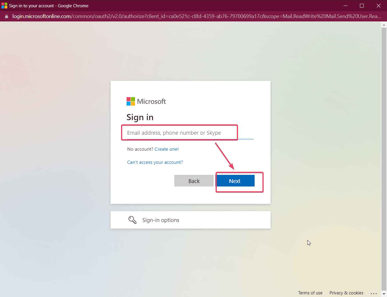 Enter your Outlook email address
