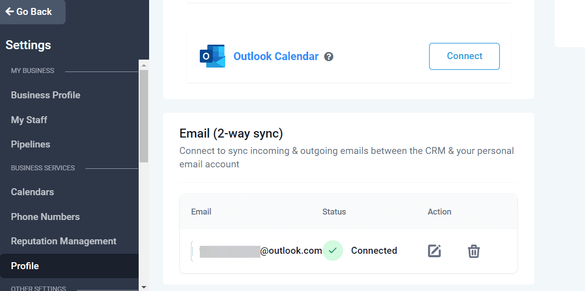 Your Outlook account shows as Connected