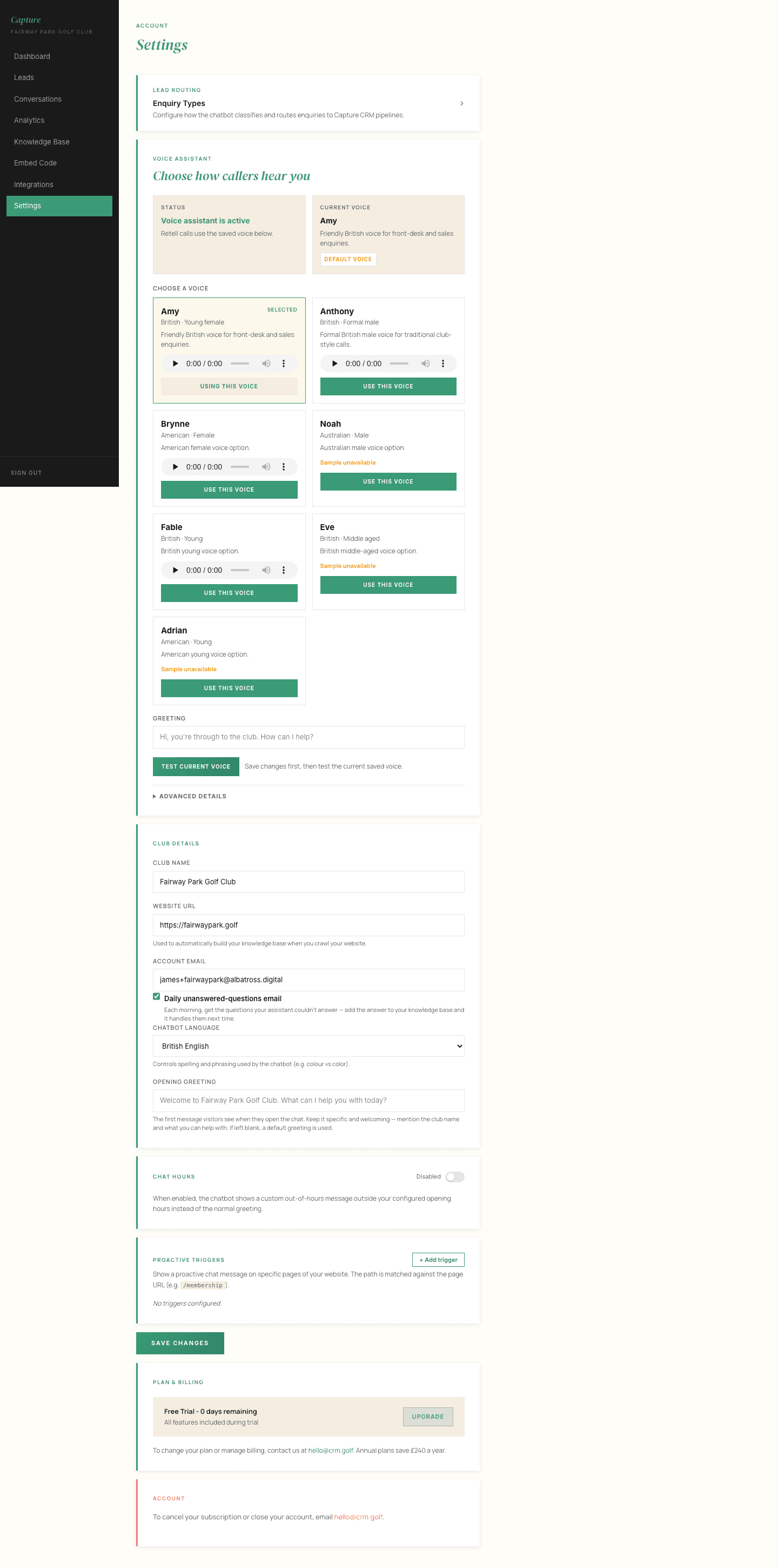 The Settings page, showing club details and voice assistant options